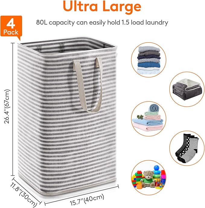 Lifewit 4 Pack Laundry Hamper Large Collapsible Laundry Baskets, Freestanding Waterproof Clothes Hamper with Easy Carry Handles in Laundry Room Bedroom Bathroom College Dorm for Adults, Black, 4 x 80L
