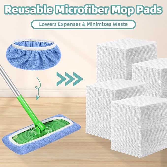 Reusable Mop Pads Compatible with Swiffer Sweeper Mop, Microfiber Dry Sweeping Cloths & Machine Washable Wet Pads Refill for Use on All Sealed Floors - Stone, Hardwood, Laminate & Tile (6 Blue)