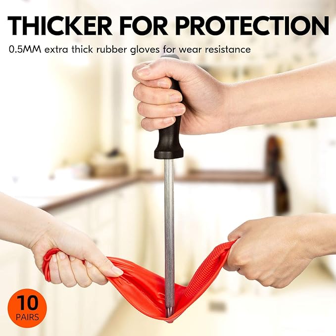 Vgo... 10-Pairs Reusable Household Gloves, Long Sleeve, Thick Latex for Kitchen, Cleaning, Washing, Working, Painting, Gardening, Pet Care (Size M, Red, RB2143)