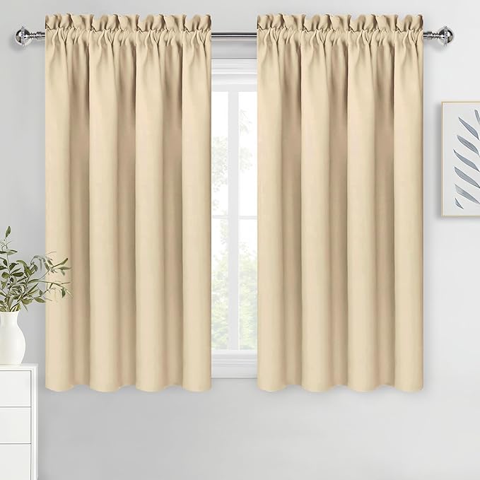 DWCN Beige Blackout Curtains for Bedroom – Rod Pocket Thermal Insulated Energy Saving Drapes for Living Room and Bedroom, W 38 x L 45 Inch, 2 Panels