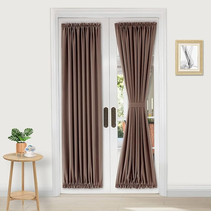 DWCN French Door Curtains – Rod Pocket Thermal Blackout Curtain for Doors with Glass Window, Kitchen and Patio Doors for Privacy, 25 X 72 Inches Long, 1 Curtain Panel with Tieback，Khaki