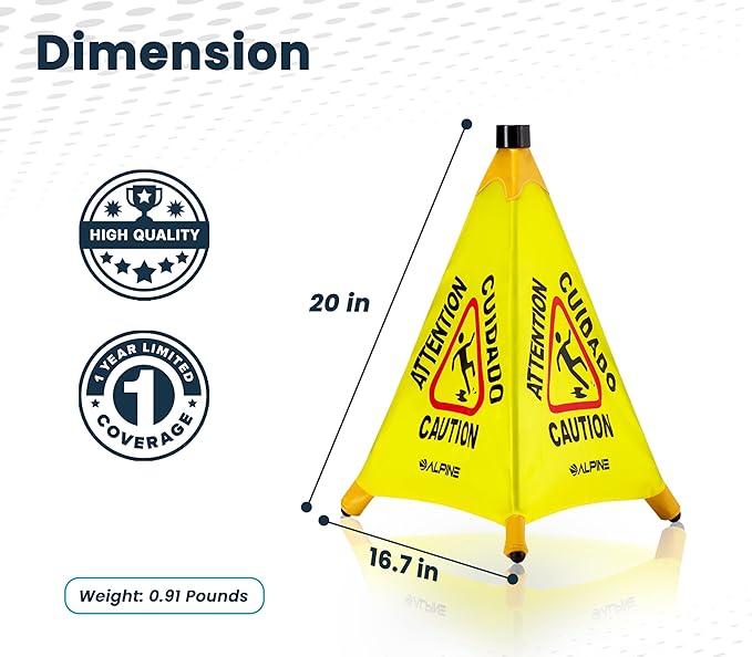 Alpine Caution Wet Floor Sign 3 Pack - Pop Up Slippery When Wet Sign, Wall Mounted Foldable Bilingual Yellow Safety Warning Caution Cone for Commercial & Office Use (20 Inches)