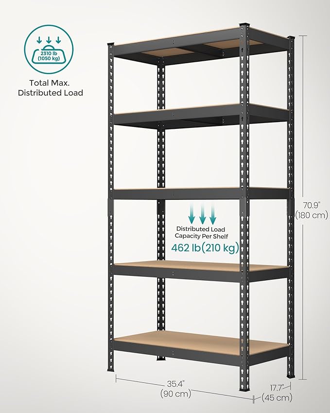 SONGMICS 5-Tier Storage Shelves, Load 2310 lb, Set of 2 Garage Storage, Boltless Assembly, Adjustable Shelving Unit, 17.7 x 35.4 x 70.9 Inches, for Study Shed Basement, Black UGLR450B02