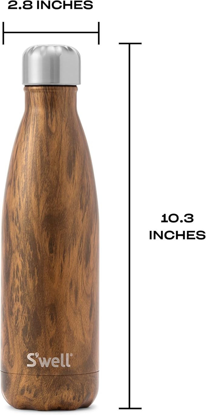 S'well Stainless Steel Water Bottle, 17oz, Teakwood, Triple Layered Vacuum Insulated Containers Keeps Drinks Cold for 36 Hours and Hot for 18, BPA Free, Perfect for On the Go
