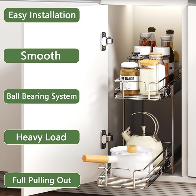 2 Tier Individual Pull Out Cabinet Organizer 5½" W x 21½" D, Heavy Duty Cabinet Pull Out Shelves, Slide Out Drawers Organization for Kitchen Cabinets Bathroom