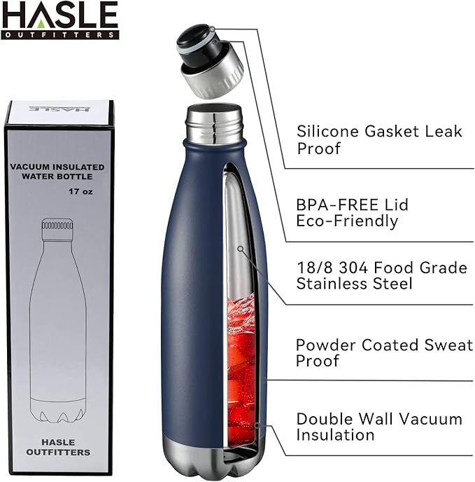 HASLE OUTFITTERS 17oz Stainless Steel Water Bottles, Vacuum Insulated Water Bottles Double Walled Powder Coated Reusable Metal Sports Water Bottles Keep Drinks Hot and Cold, Navy, 1Pack