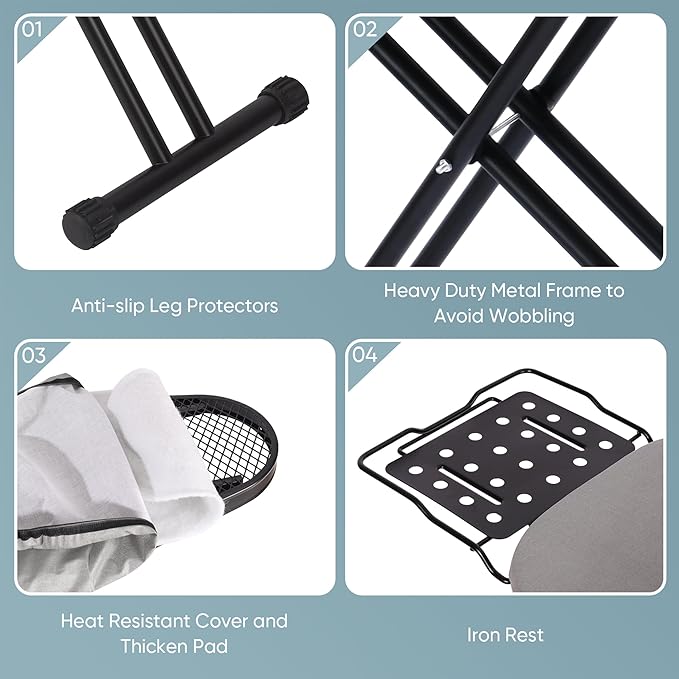 Deluxe Ironing Board with Heat Resistant Cover and Thicken Felt Pad, Heavy Sturdy Legs,Full Size Hanger Iron Board,Foldable (L-Grey)
