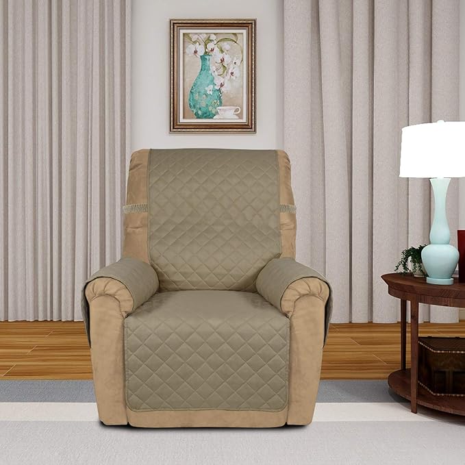 PureFit Reversible Quilted Sofa Cover, Water Resistant Slipcover Furniture Protector, Washable Couch Cover with Non Slip and Elastic Straps for Kids, Dogs, Pets (Small Recliner, Beige/Beige)