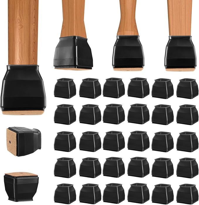 BALEINE 32 Pack Silicone Chair Leg Floor Protectors, Stool Leg Protectors Cap, Non-Slip Chair Leg Caps for Hardwood Floors (Black & Large (Square), 32 Pack)