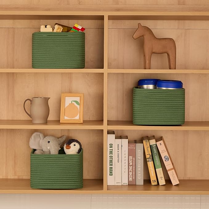 Small Organizing Baskets for Cubes Shelf, 9.7x9.7x7.1 Inch Rope Woven Storage Bins for Nursery Shelves Storage, Cute Toy Basket, Square 3 Packs Green