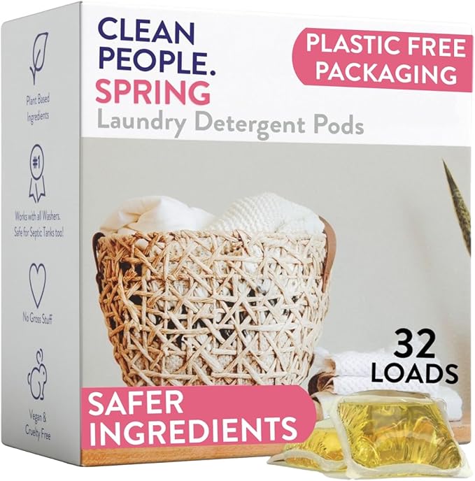 The Clean People Laundry Detergent Pods - Hypoallergenic Laundry Pods - Ultra Concentrated, Recyclable Packaging, Stain Fighting - Spring Scent, 32 Pack