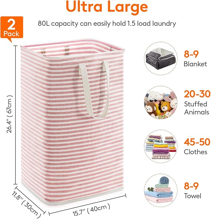 Lifewit 2 Pack Laundry Hamper Large Collapsible Laundry Basket, Freestanding Waterproof Cloth Hamper with Easy Carry Handles in Laundry Room Bedroom Bathroom Dorm for Adult, Gray&Pink, 2 x 80L