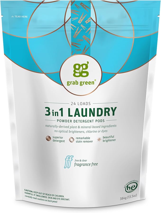 Grab Green 3-in-1 Laundry Detergent Pods, 24 Count, Fragrance Free, Plant and Mineral Based, Superior Cleaning Power, Stain Remover, Brightens Clothes