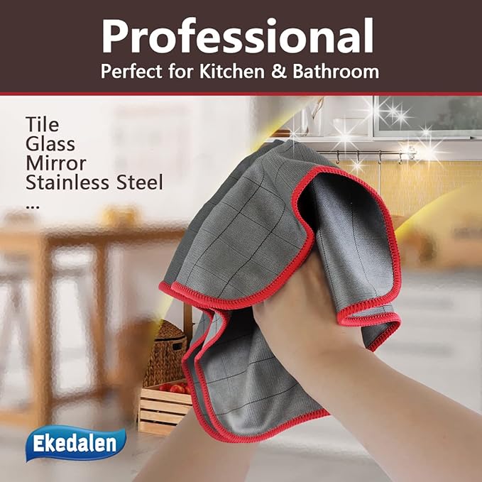 Microfiber Cleaning Cloth Lint Free Glass Cleaner Window Polishing Streak Free Miracle Easy Clean Rag Reusable for Mirror Kitchen Dish Auto Detailing, Pack of 6, 16"x12", Grey-red