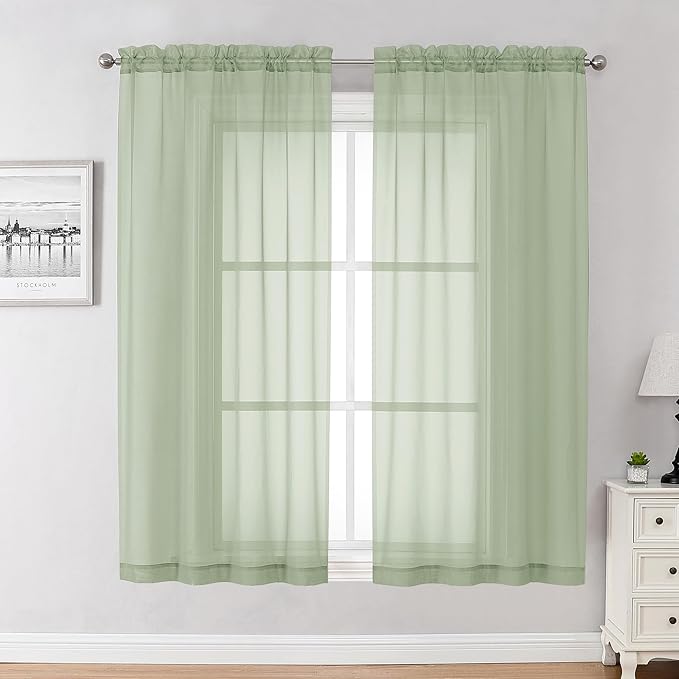 Chyhomenyc Light Green Sheer Curtains 63 Inches Long 2 Panels Set- Light Filtering Curtains for Bedroom, Soft Airy Voile Rod Pocket Living Room Window Drapes, 42Wx63L Inches, 2 PCS