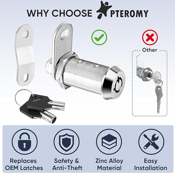 PTEROMY 2 Pack Cabinet Lock with Keys, 5/8'' Heavy Duty Tubular Cam Lock for RV Compartment Storage Locks, Full Set of RV Cam Locks (Chrome, 5/8'', 2 Pack)