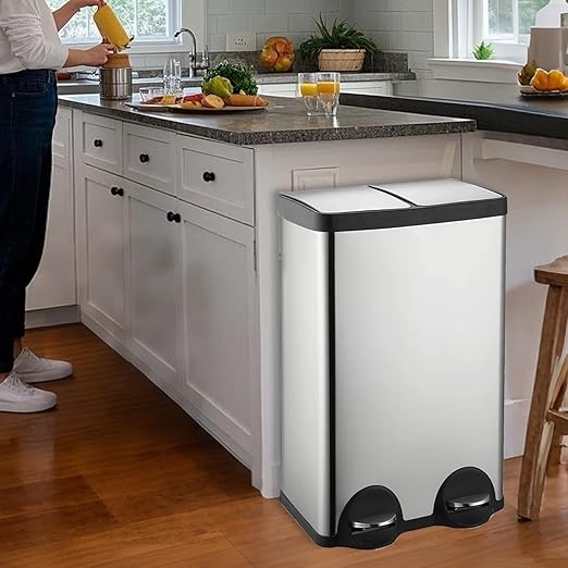 60 Liter (2x30L) 16 Gallon Dual Trash Can, Recycle Bins for Kitchen with 2 Compartments, Trash and Recycle Bin Combo, Soft Close Lid, Stainless Steel Trash Can