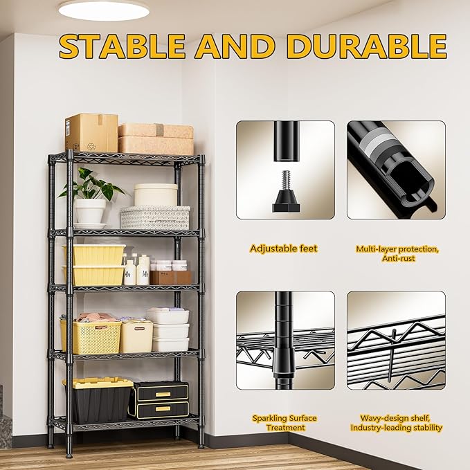 1250 lbs 5 Tier Shelf Metal Storage Shelves Shelving Wire Rack Heavy Duty Closet Organizers for Garage Kitchen Bathroom Laundry Black 13.8" D x 29.5" W x 59.5" H