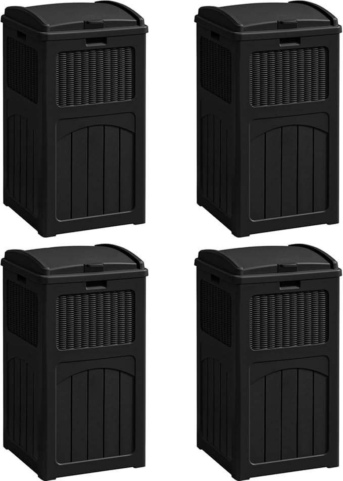 Greesum 33 Gallon Outdoor Trash Can with Lid, Waterproof Resin Garbage Bin for Hideaway, Deck, Patio, 4 Pack, Black