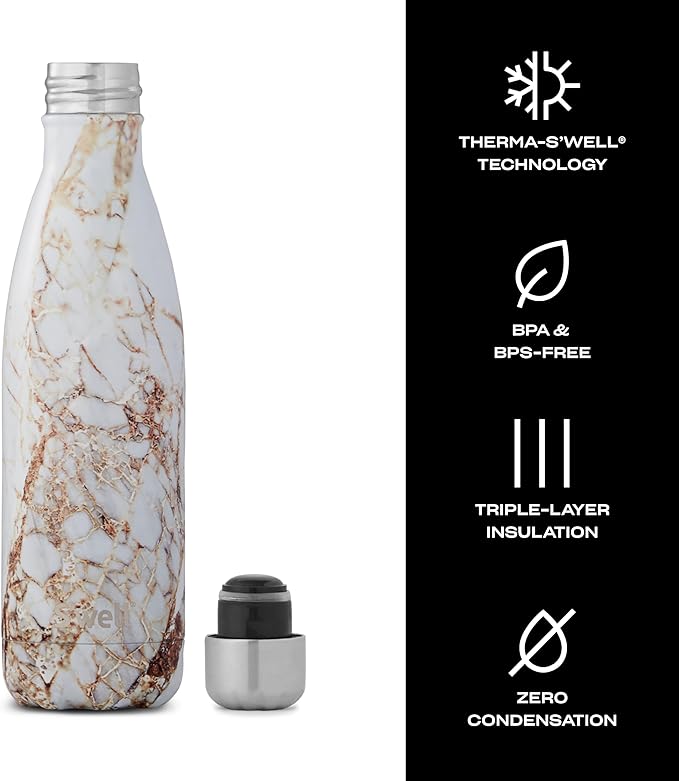 S'well Stainless Steel Water Bottle, 17oz, Calacatta Gold, Triple Layered Vacuum Insulated Containers Keeps Drinks Cold for 36 Hours and Hot for 18, BPA Free, Perfect for On the Go