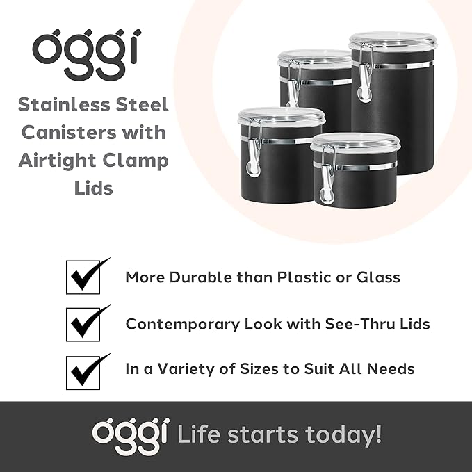 Oggi Stainless Steel Kitchen Canister 36 fl oz, Black - Airtight Clamp Lid, Clear See-Thru Top - Ideal for Kitchen Storage, Food Storage, Pantry Storage. Size 5" x 4.75".