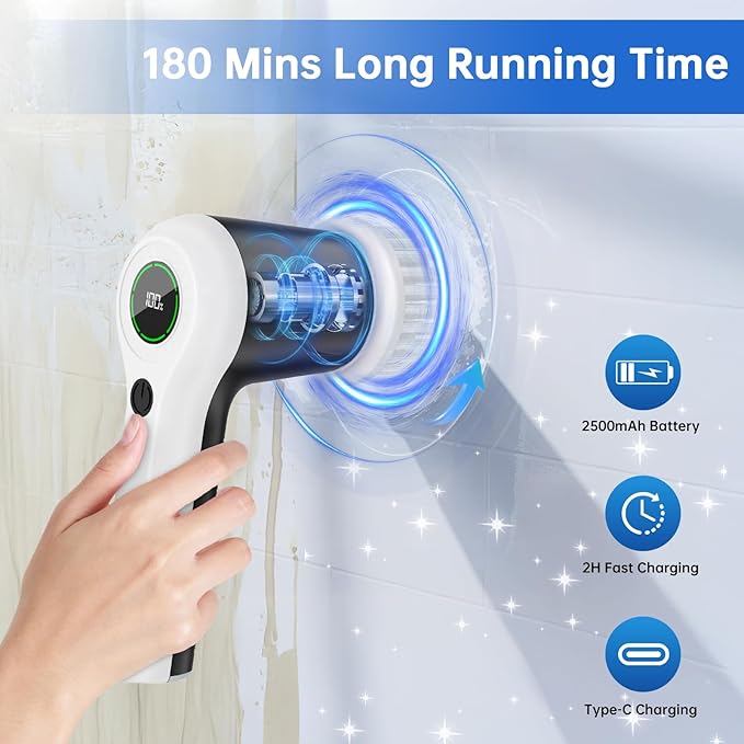 Electric Spin Scrubber, Cordless Shower Scrubber with Battery Level Display, 2 Speeds Electric Scrubber for Cleaning with 6 Replaceable Heads, Cleaning Brush for Bathroom/Sink/Window