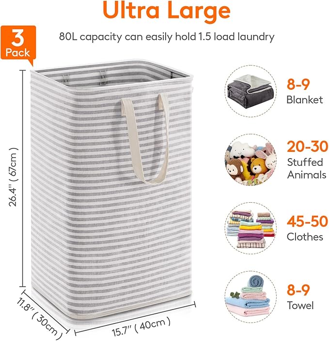 Lifewit 3 Pack Laundry Hamper Large Collapsible Laundry Baskets, Freestanding Waterproof Clothes Hamper with Easy Carry Handles in Laundry Room Bedroom Bathroom College Dorm for Adults, Gray, 3 x 80L