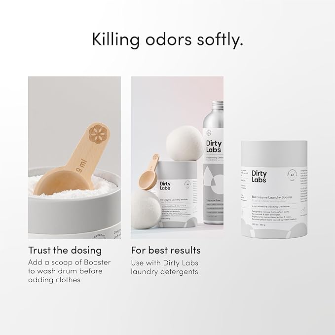 Dirty Labs | Scent Free | Bio Enzyme Laundry Booster | 48 Loads (1 lb) | Hyper Concentrated | High Efficiency & Standard Machine Washer | Nontoxic, Biodegradable | Stain & Odor Removal Enzyme Booster