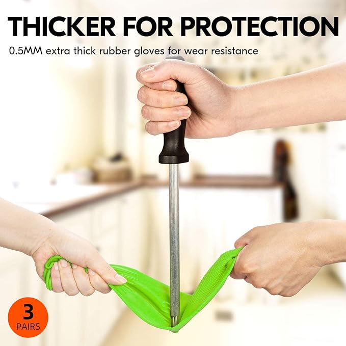 Vgo... 3-Pairs Dishwashing Gloves - Reusable Household, Kitchen, Long Sleeve, Thick Latex, Cleaning, Washing, Working, Painting, Gardening, Pet Care (Size S, Green, RB2143)