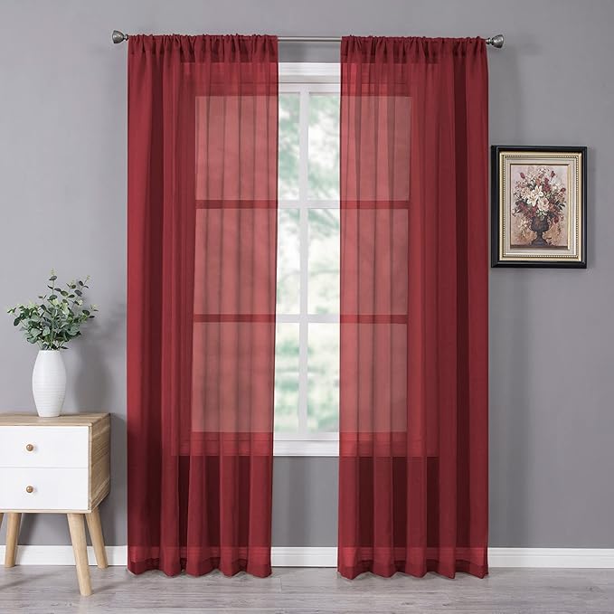 Tollpiz Sheer Curtain Linen Textured Bedroom Curtains Sheer Light Filtering Rod Pocket Voile Curtain for Living Room, 54 x 95 inches Long, Burgundy Red, Set of 2 Panels