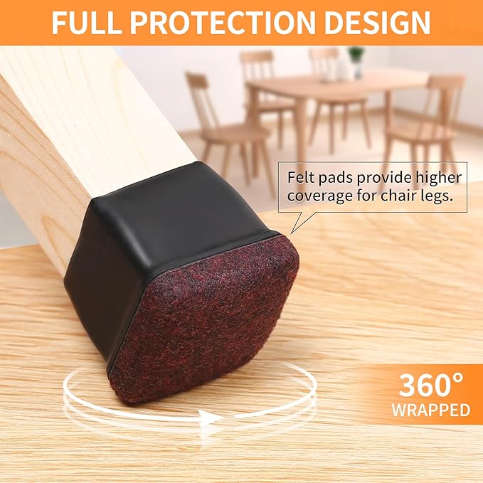 Ezprotekt 8 Pcs Extra Large Square Chair Leg Floor Protectors, Silicone Felt Furniture Pads for Hardwood Floor, Dining Table Bar Stool Leg Protectors Leg Cups Covers (XL Fit: 1.5" - 2", Black)