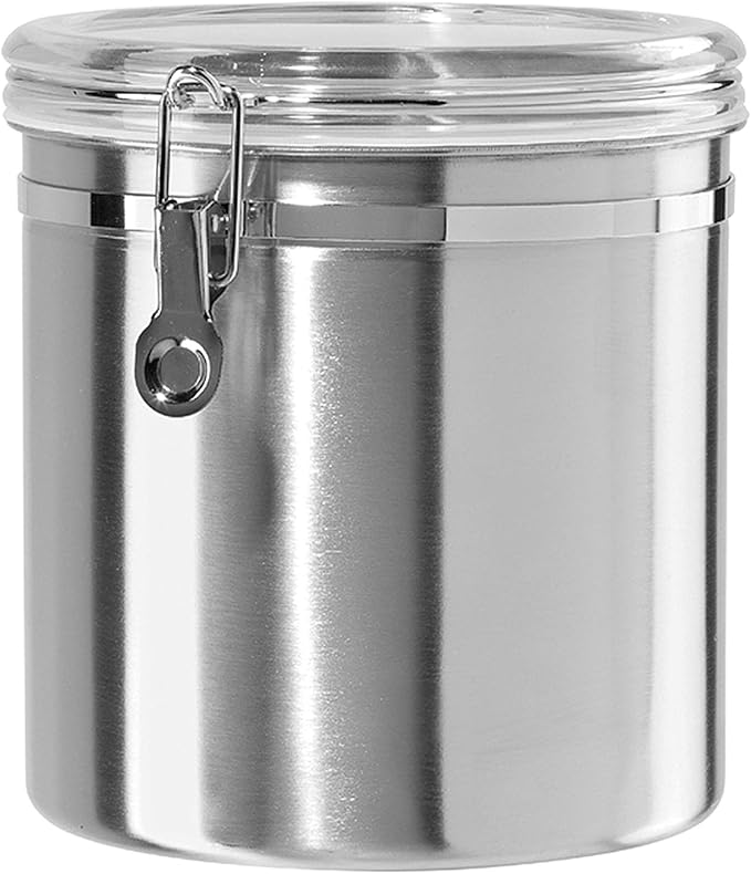 Oggi Stainless Steel Kitchen Canister 152 fl oz - Airtight Clamp Lid, Clear See-Thru Top - Ideal for Kitchen Storage, Food Storage, Pantry Storage. Jumbo Size 8" x 8".