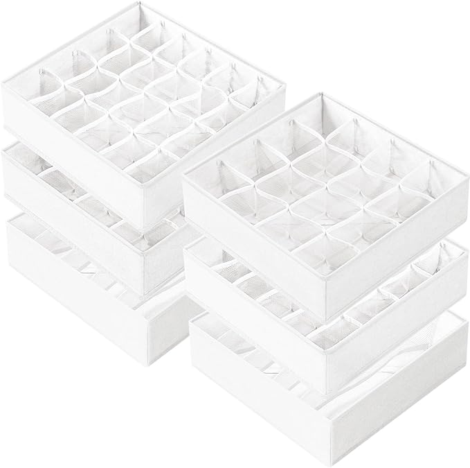 Criusia Drawer Organizer - 6 Set Clothes Organizer for Closet & Bedroom - 90 Cells Bins for Sock, Underwear, Bra, Baby Clothes - Washable & 10xDurable than Non-Woven Fabric (White)