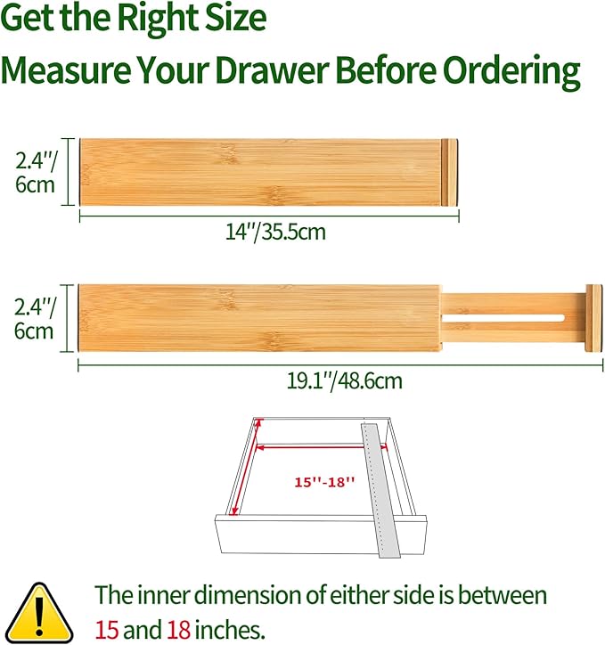 VaeFae 6-Pack Bamboo Drawer Dividers – Adjustable 14"-19.1" (Fits 15"-18" Drawers ONLY), Spring-Loaded Expandable Organizer for Kitchen, Bedroom, Office & Bathroom, MUST MEASURE Before Purchase