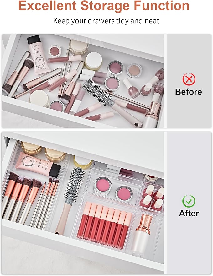 SMARTAKE 30-Piece Drawer Organizer with Non-Slip Silicone Pads, 7-Size Desk Drawer Organizer Trays Storage Tray for Makeup, Jewelries, Utensils in Bedroom Dresser, Office and Kitchen (Clear)