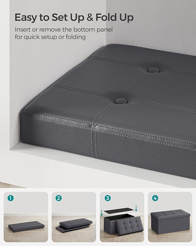 SONGMICS Mazie Collection - 30 Inches Folding Storage Ottoman Bench, Ottoman with Storage, Foot Rest Stool, Load 660 lb, for Living Room, Synthetic Leather, Dark Gray ULSF040G01