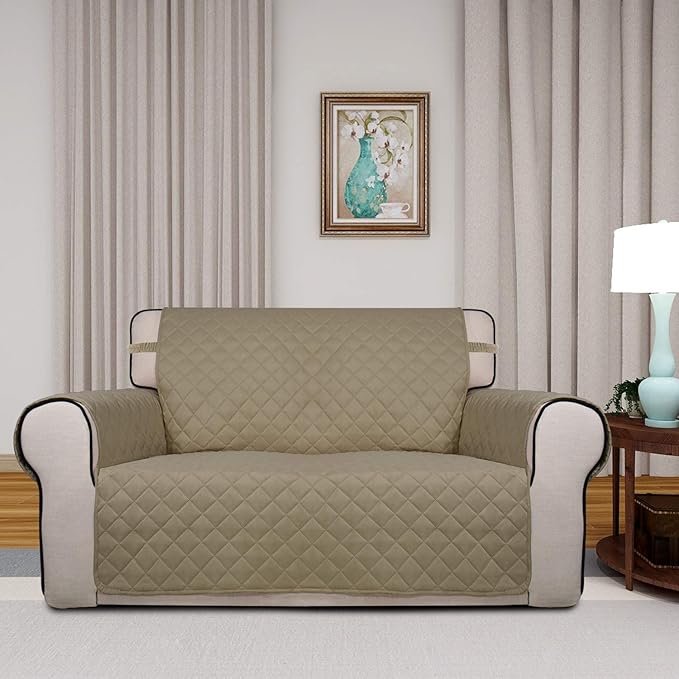PureFit Reversible Quilted Sofa Cover, Water Resistant Medium Slipcover Furniture Protector, Washable Couch Cover with Non Slip Foam and Elastic Straps for Kids, Dogs, Pets (Loveseat, Beige/Beige)