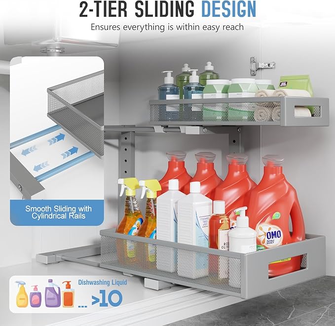 1 Pack-11.4"-16.14" H Under Sink Storage Organizer, Large 2-Tier Elegant Mesh Pull Out Shelf for Kitchen & Bathroom Cabinet Organization, L-Shaped, Adjustable Height-Gun Gray