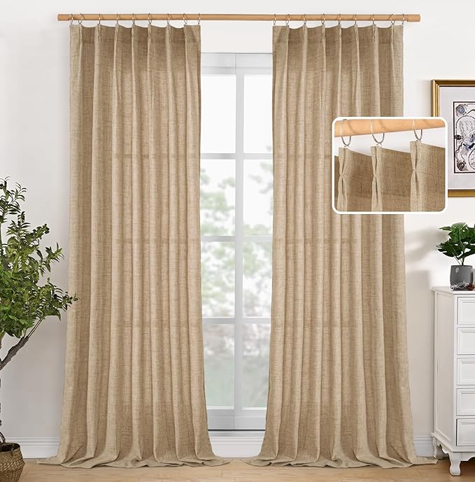 YoungsTex Burlap Linen Semi Sheer Curtains 84 Inch Length for Living Room, Toffee Light Filtering Window Treatments Natural Rustic for Farmhouse Bedroom, 2 Panels, 40 X 84 Inch
