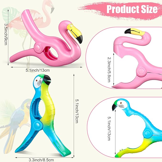 4 Pieces Beach Towel Clip Jumbo Size Chair Clips Towel Holder Clothes Pegs Christmas Stocking Clamp for Cruise Patio Pool Holiday Vacations(Parrot, Flamingo,Blue, Pink)