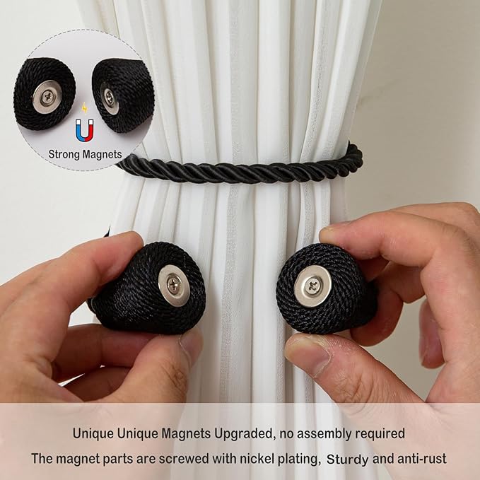 Magnetic Curtain Tiebacks 2 Pack Outdoor Rope Curtain Tie Backs Decorative Window Treatment Holdbacks for Home Decorative Curtain, Black