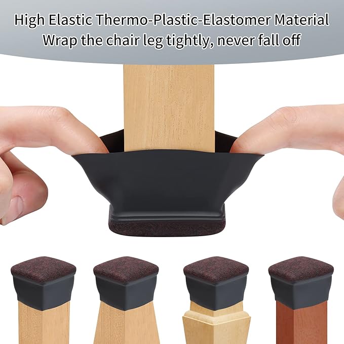 Ezprotekt 8 Pcs Extra Large Square Chair Leg Floor Protectors, Silicone Felt Furniture Pads for Hardwood Floor, Dining Table Bar Stool Leg Protectors Leg Cups Covers (XL Fit: 1.5" - 2", Black)