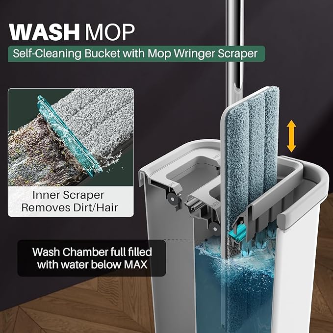 JOYMOOP Mop and Bucket with Wringer Set and Floor Cleaner Pods, Flat Floor Mop with 3 Reusable Microfiber Pads, Wet and Dry Use, Freesia Scent Pack of 15 Pacs for Floor Cleaning