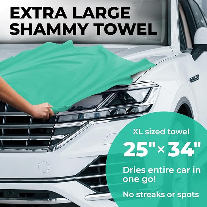 Premium XL Shammy Towel for Car - 34”x25” - Super Absorbent Chamois Cloth - Spots & Scratch-Free - Reusable Car Drying Towel