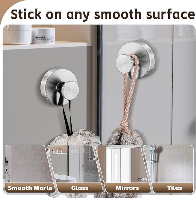 Reusable Heavy Duty Suction Cup Hooks for Kitchen/Bathroom/Shower - Wet-Proof Hooks for Towels, Robes, Loofah&Wreaths/No Drill Mounting on Glass, Tile, Metal (2, Brushed Nickel)