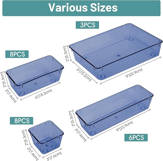 WOWBOX 25 PCS Plastic Drawer Organizer Set, 4 Sizes Desk Drawer Divider Organizers and Storage Bins for Makeup, Jewelry, Gadgets for Kitchen, Bedroom, Bathroom, Office, Clear Dark Blue