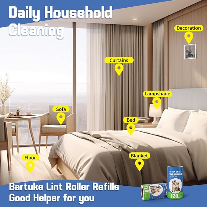 Extra Sticky Lint Roller Refills 6 Pack (720 Sheets) fit 3.8"-4" Standard Size Lint Roller Sticker with Handle, Inner Diameter at 1.5" for Pet Hair, Clothes, Furniture, Cars