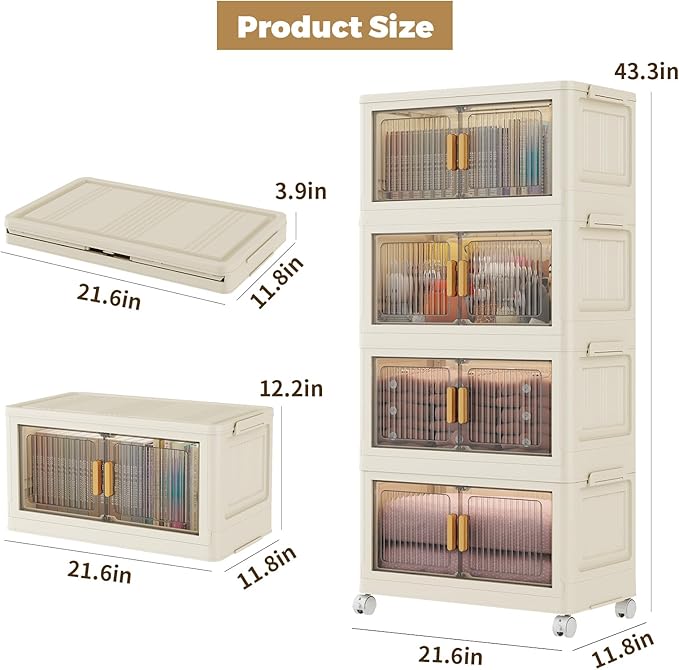 4 Tier Stackable Plastic Storage Bins with Lids 48QT, Collapsible Closet Organizers and Storage with Wheels for Living Room,Office,Dorm