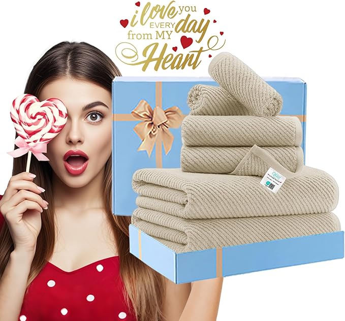 VOOVA & MOVAS Bath Towel Sets - 100% Cotton | Quick Dry | Light Weight | Thick | Soft, Beige Towels Set of 6, 2 Large Bath 30" x 56", 2 Hand 18" x 28", 2 Washcloths 13" x 13", Tan Towel Gift Set