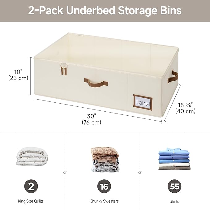 StorageWorks Under Bed Storage Bins, 10'' Underbed Storage Containers with Lid, 90L Clothes Organizer for Bedding, Blankets, Sweaters, Shoes, 2-Pack